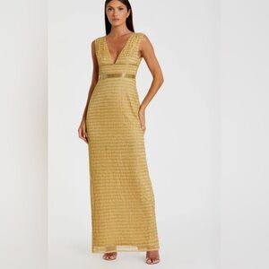 NEW MAC DUGGAL Gold Beaded Cap Sleeve V Neck Column Gown – Size 4 – Style 5625